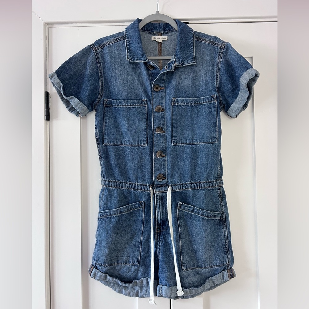Aeropostale Denim Shorts Cuff Sleeve Romper Jumpsuit Size Small